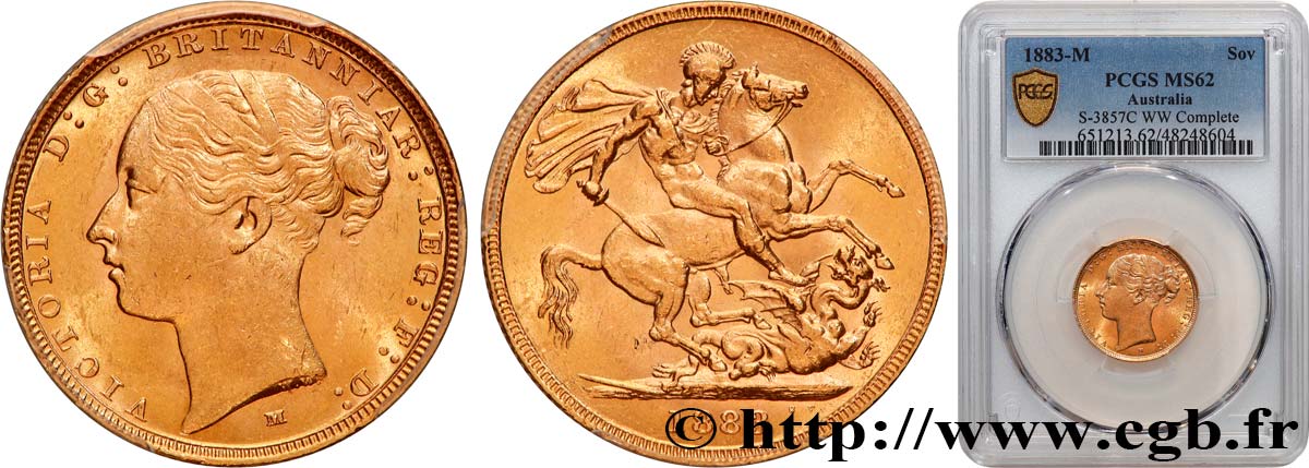AUSTRALIA 1 Souverain Victoria type jeune tête 1883 Melbourne MS62 PCGS