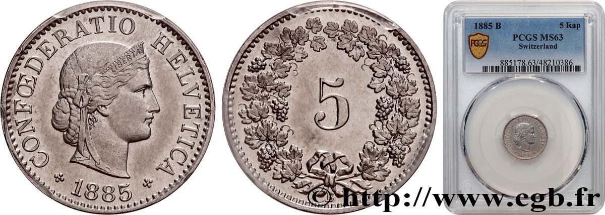 SWITZERLAND 5 Centimes (Rappen) 1885 Berne MS63 PCGS