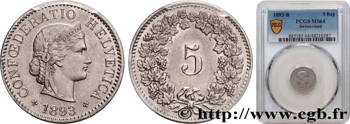 SWITZERLAND 5 Centimes (Rappen) 1893 Berne MS64 PCGS