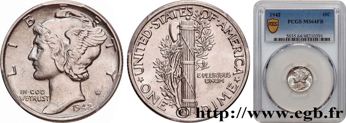 ÉTATS-UNIS D AMÉRIQUE 1 Dime Mercury 1942 Philadelphie SPL64 PCGS