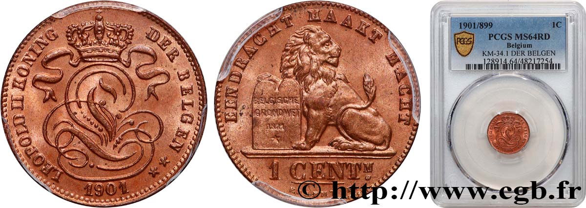 BELGIUM 1 Centime Léopold II (1901/889) légende en flamand 1901  MS64 PCGS