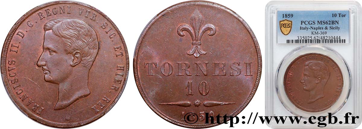 ITALIA - REINO DE LAS DOS SICILIAS 10 Tornesi François II 1859 Naples EBC62 PCGS