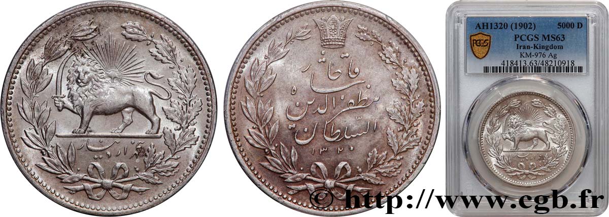 IRAN 5000 Dinars (5 Kran) frappe pour Muzaffar al-Din Shah AH 1320 (1902)  MS63 PCGS