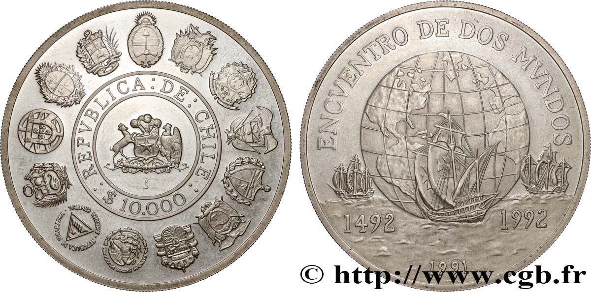 CHILE 10.000 Pesos (Proof) Rencontre des deux mondes 1991  MS 