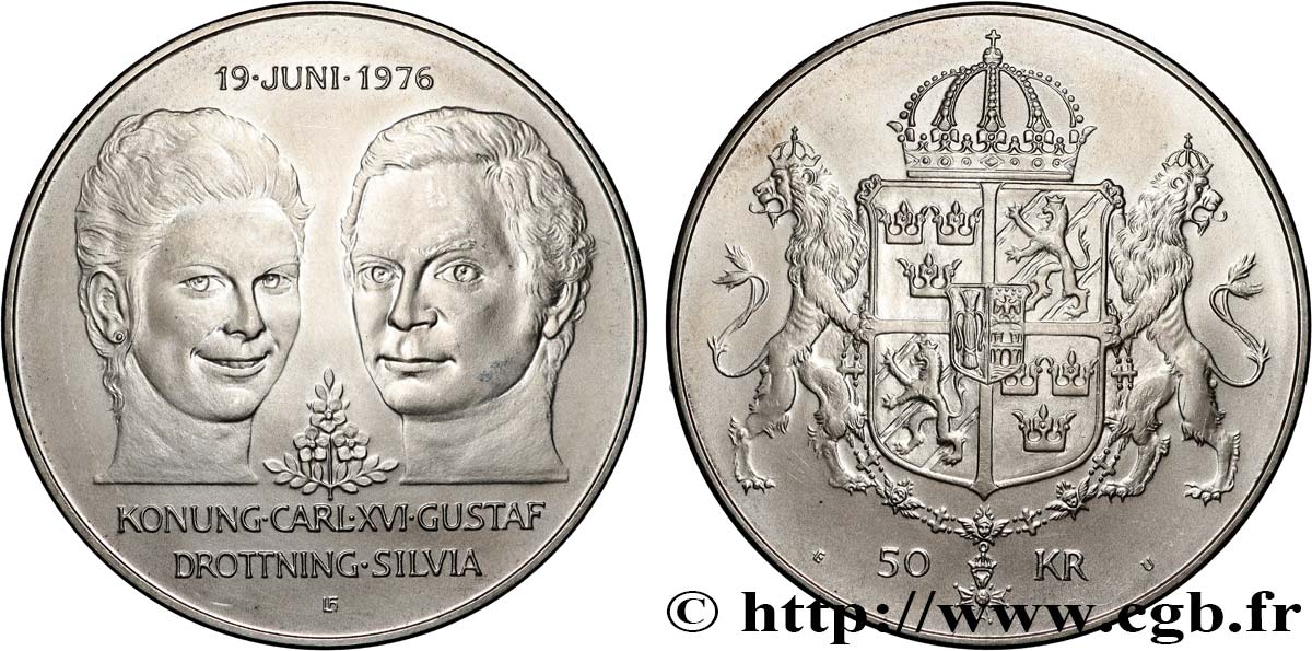 SWEDEN 50 Kronor mariage de Charles XVI et de la reine Silvia 1976  MS 