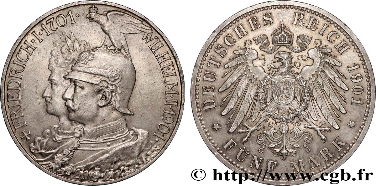 GERMANY - KINGDOM OF PRUSSIA - WILLIAM II 5 Mark bicentenaire du royaume de Prusse 1901 Berlin AU 