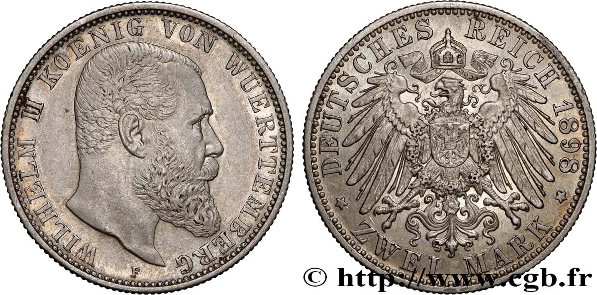 GERMANY - WÜRTTEMBERG 2 Mark Guillaume II 1898 Stuttgart AU 