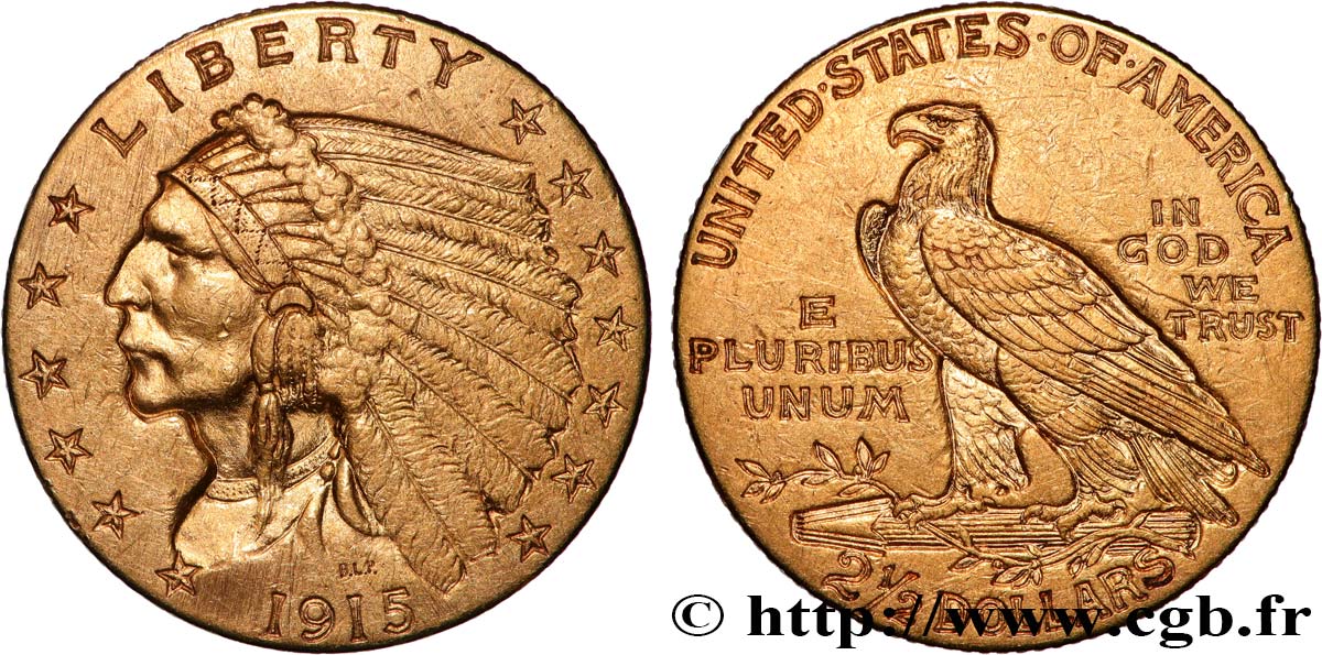 UNITED STATES OF AMERICA 2 1/2 Dollars  Indian Head  1915 Philadelphie AU 
