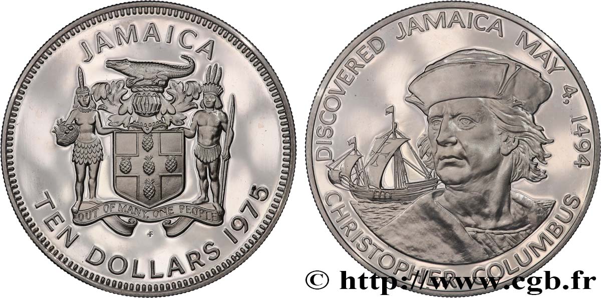 JAMAICA 10 Dollars Proof Christophe Colomb 1975 Franklin MS 
