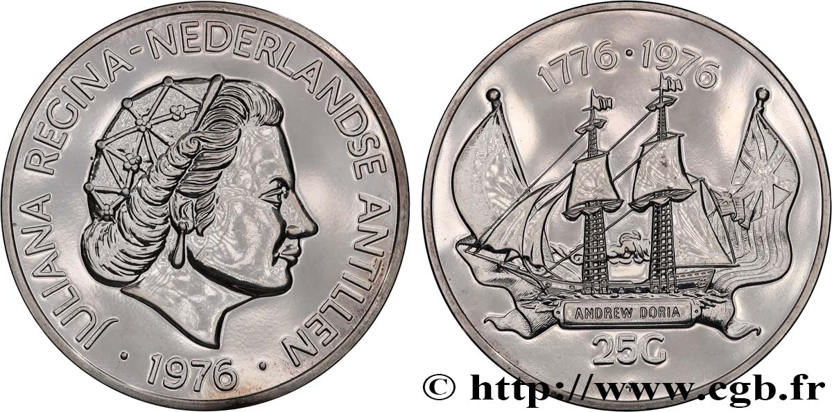 NETHERLANDS ANTILLES 25 Gulden Bicentenaire de l’Indépendance américaine  1976  fST 