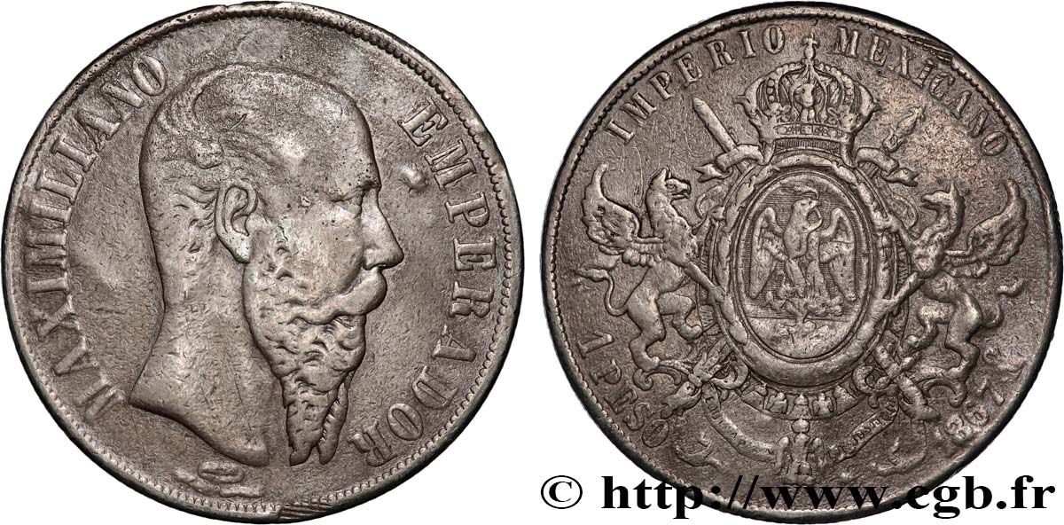 MEXICO - MAXIMILIAN I 1 Peso 1867 Mexico VF 