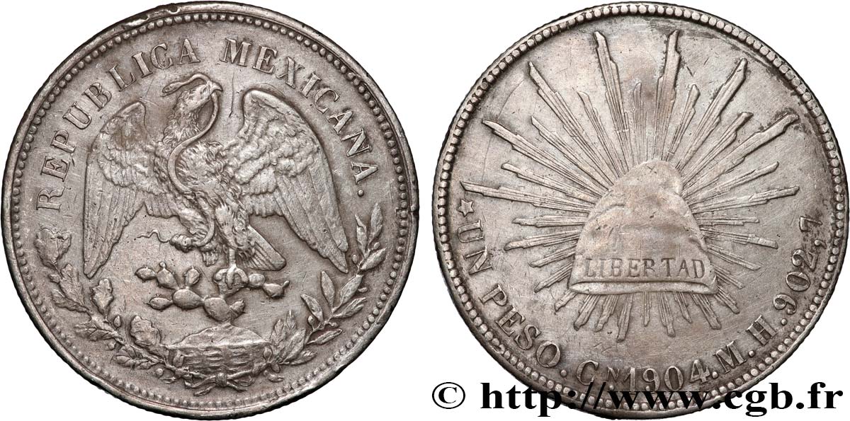 MÉXICO 1 Peso aigle / bonnet phrygien et rayons 1904 Culiacan MBC 