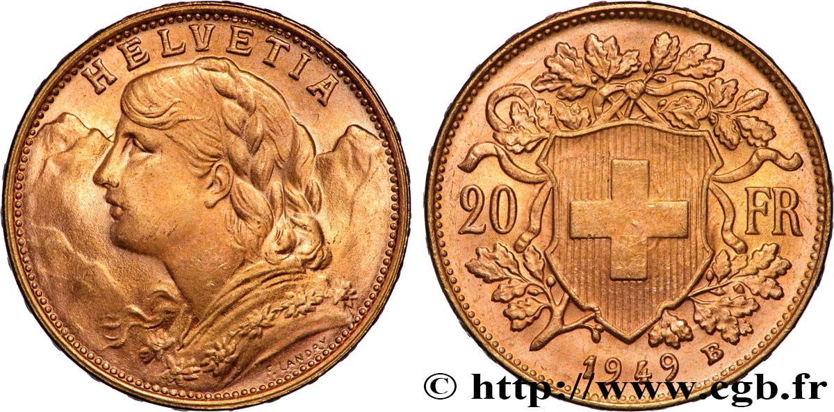 INVESTMENT GOLD 20 Francs or  Vreneli  1949 Berne AU 