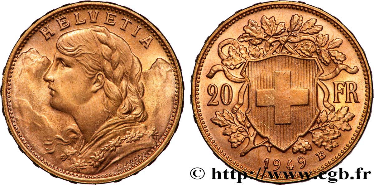 INVESTMENT GOLD 20 Francs or  Vreneli  1949 Berne SPL 