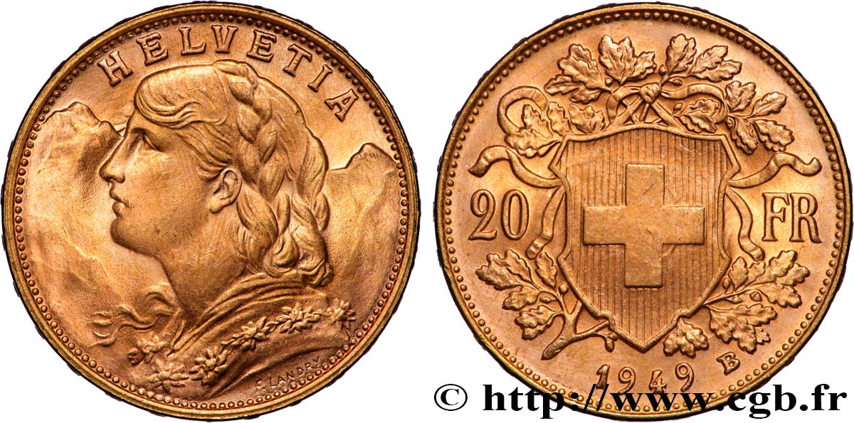 INVESTMENT GOLD 20 Francs or  Vreneli  1949 Berne EBC 