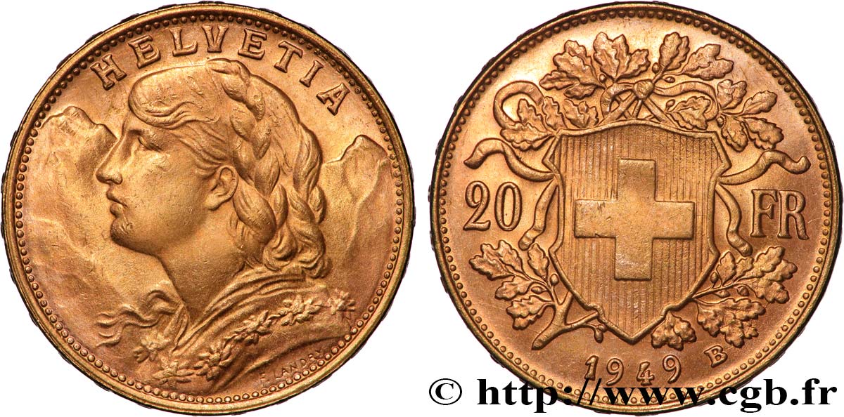 INVESTMENT GOLD 20 Francs or  Vreneli  1949 Berne EBC 