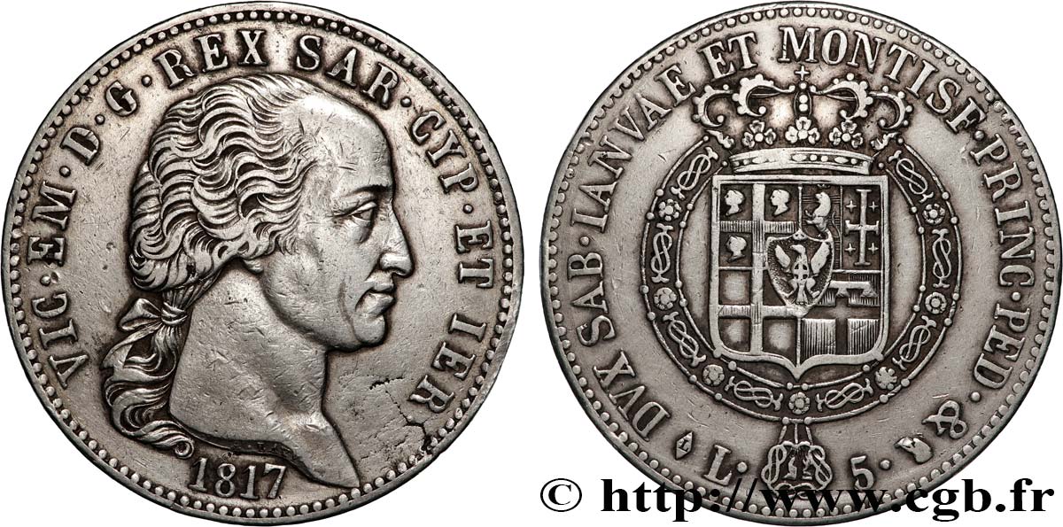 ITALY - KINGDOM OF SARDINIA - VICTOR-EMMANUEL I 5 Lire 1817 Turin AU 