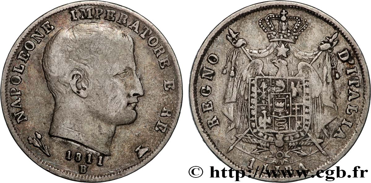 ITALIA - REINO DE ITALIA - NAPOLEóNE I 1 Lire 1811 Bologne BC+ 