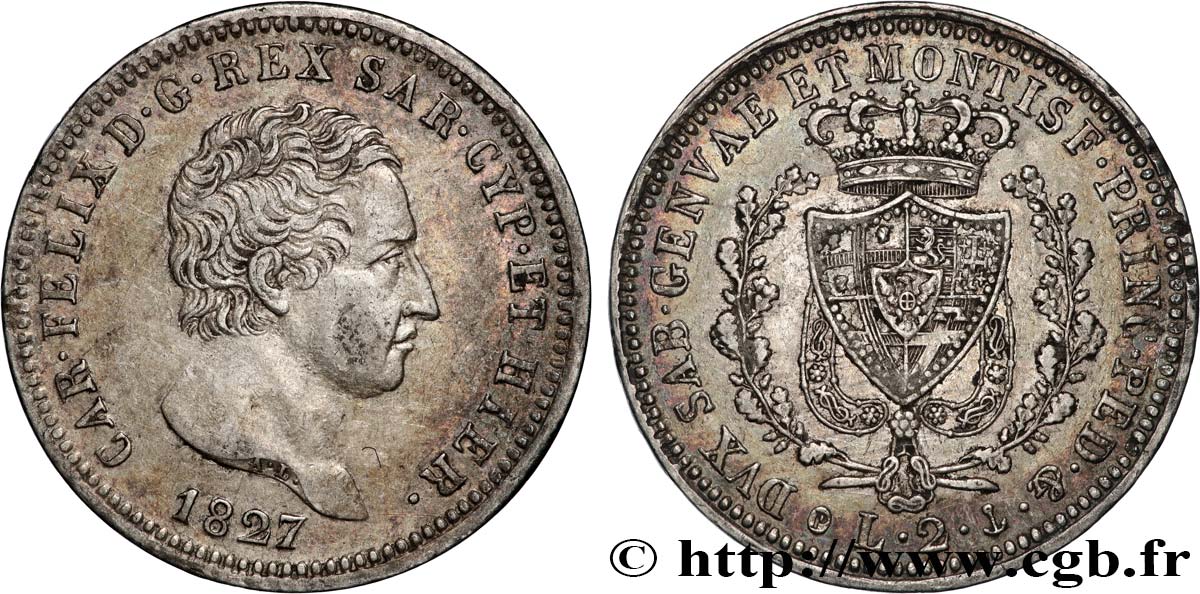 ITALIE - ROYAUME DE SARDAIGNE - CHARLES-FÉLIX 2 Lire  1827 Gênes TTB+ 