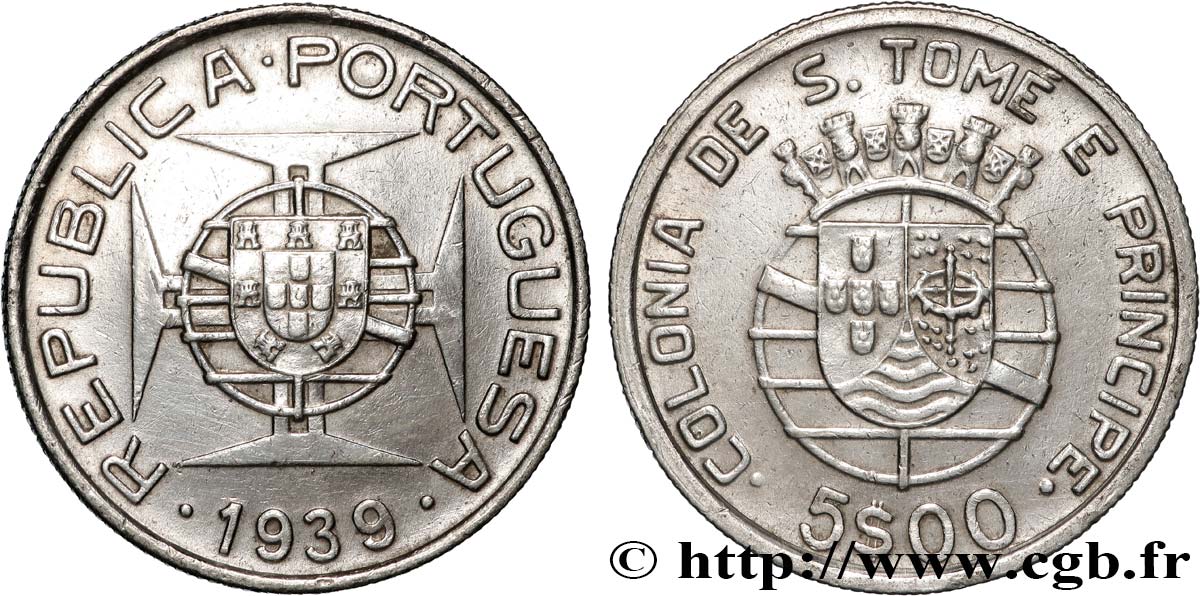 SAINT THOMAS et PRINCE 5 Escudos colonie portugaise 1939  TTB 