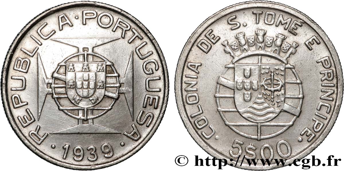 SAO TOME E PRINCIPE 5 Escudos colonie portugaise 1939  XF 