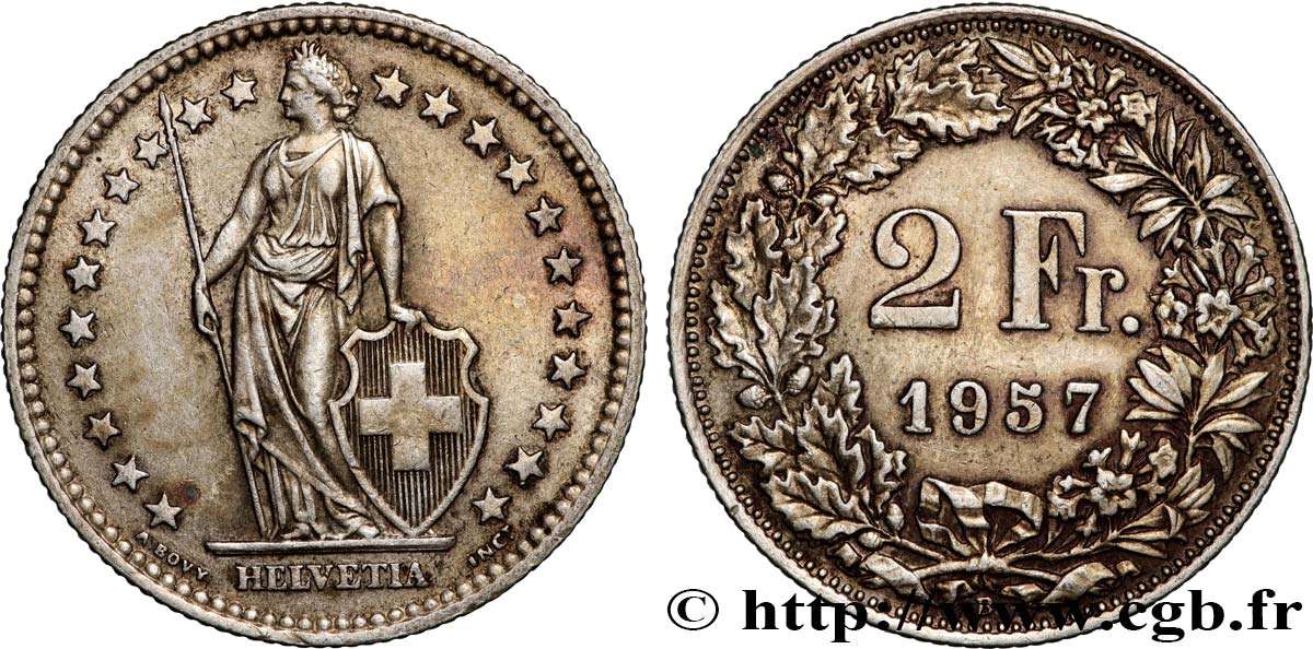 SUISSE 2 Francs Helvetia 1957 Berne TTB+ 
