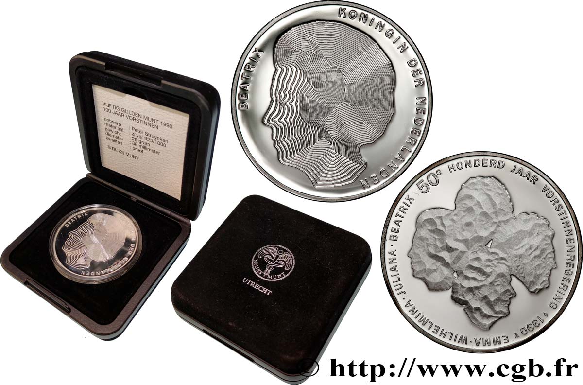 NETHERLANDS 50 Gulden Proof 100 ans des reines 1990 Utrecht MS 