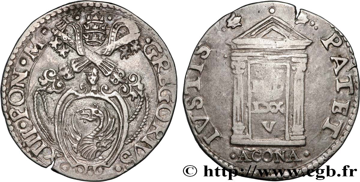 ITALY - PAPAL STATES - GREGORY XIII (Ugo Boncompagni) Teston du jubilé de 1575 1575 Ancone XF 