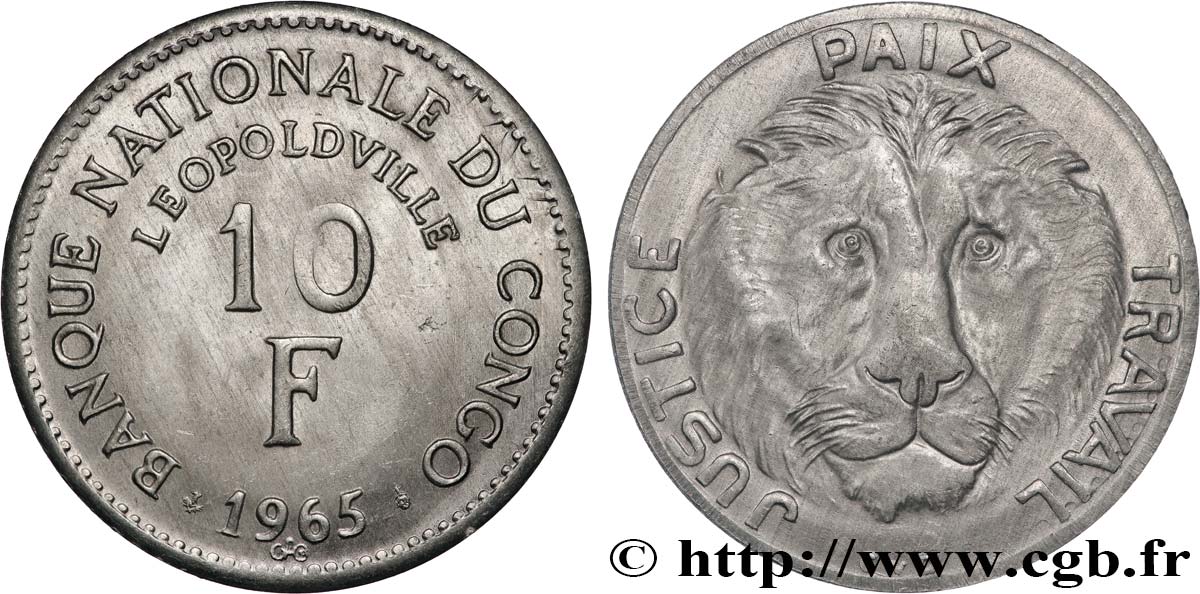 DEMOKRATISCHE REPUBLIK KONGO 10 Francs Banque Nationale du Congo / lion 1965 Bruxelles VZ 