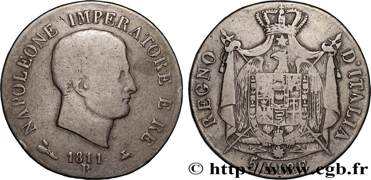 ITALIA - REINO DE ITALIA - NAPOLEóNE I 5 lire, 1er type, tranche en relief 1811 Bologne BC+ 