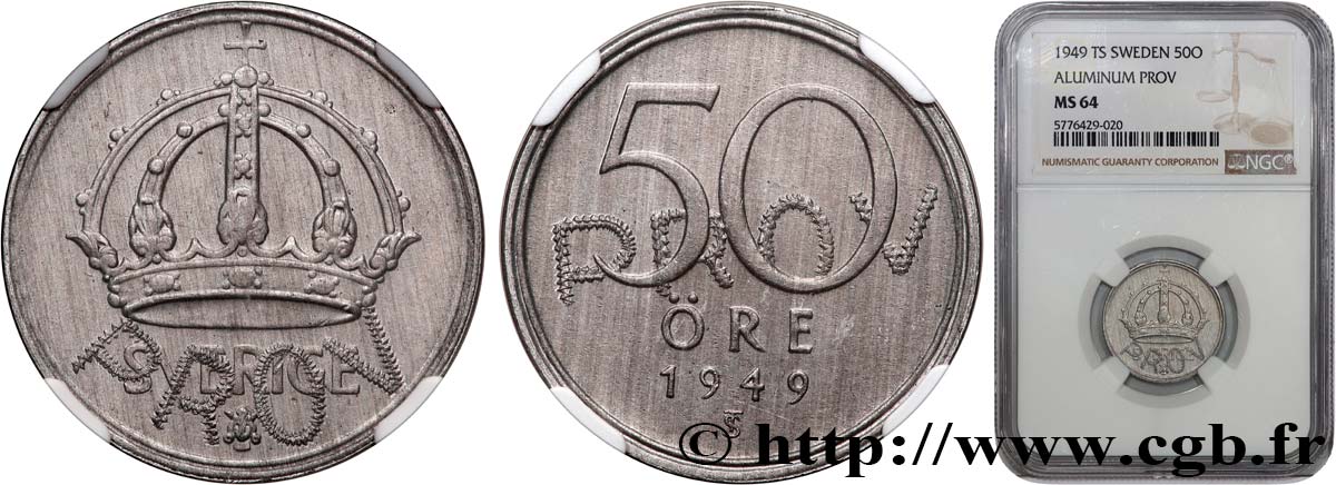 SWEDEN 50 Ore Gustave V avec PROV 1949  MS64 