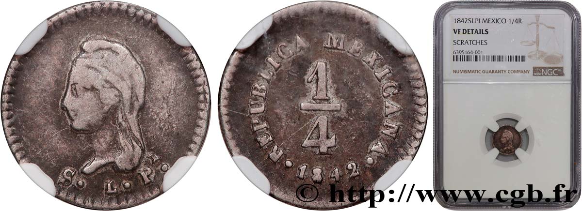 MEXICO - REPUBLIC 1/4 Real 1842 San Luis Potosi S NGC