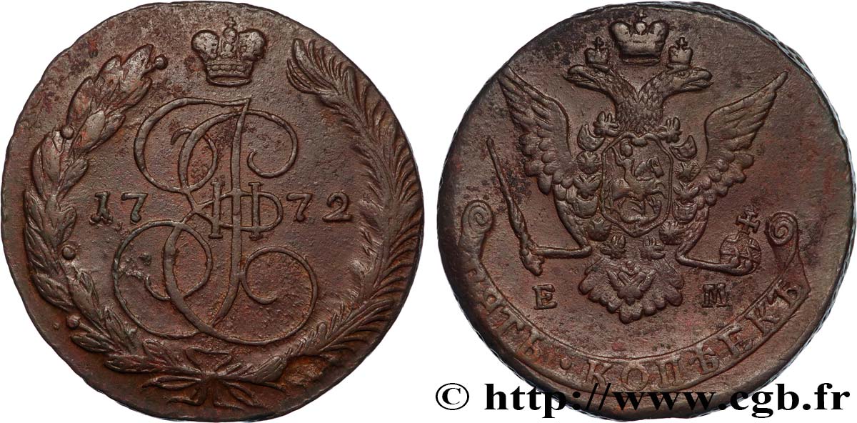 RUSIA - CATALINA II 5 Kopecks  1772 Ekaterinbourg MBC+ 