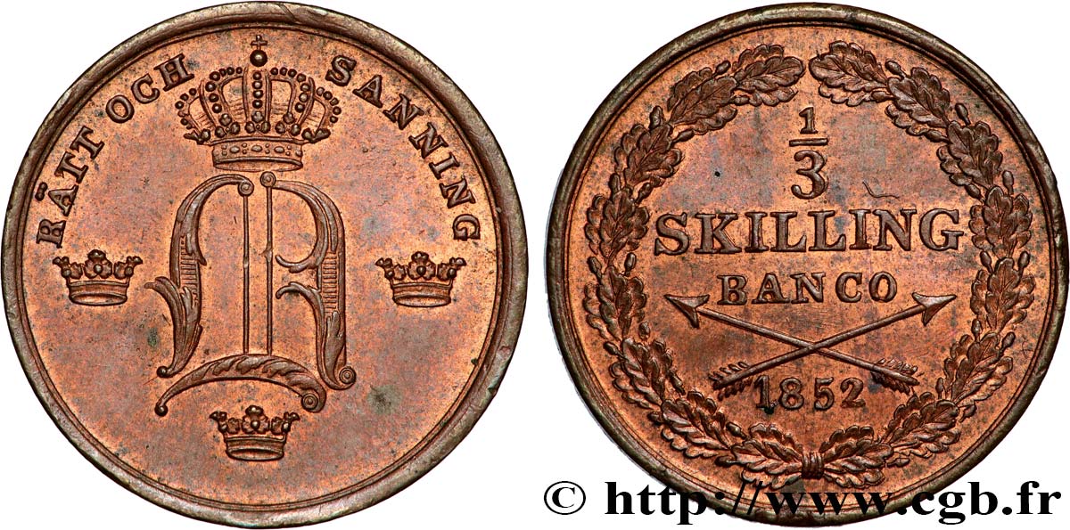 SWEDEN - KINGDOM OF SWEDEN - OSCAR I 1/3 Skilling Banco  1852  AU 