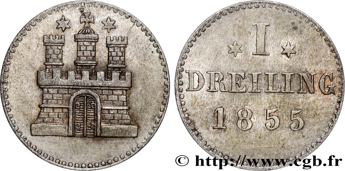 ALEMANIA - CIUDAD LIBRE DE HAMBURGO 1 Dreiling Ville de Hambourg emblème 1855  EBC 