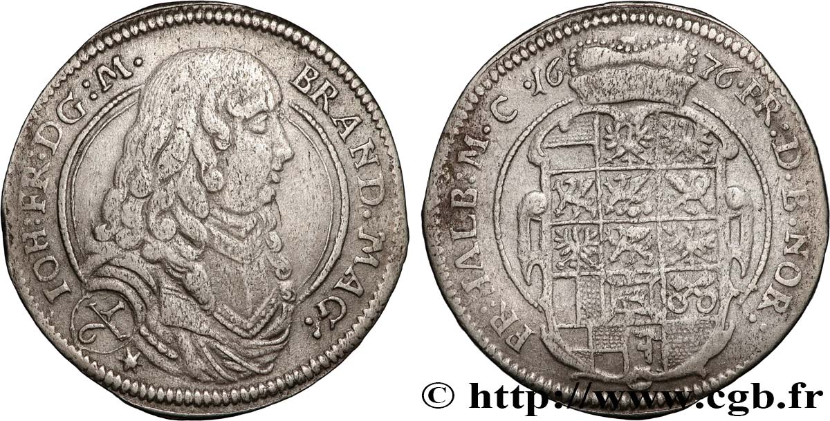 ALLEMAGNE - BRANDEBOURG 1/6 Thaler Jean-Frédéric de Brandebourg-Ansbach 1676  TTB 