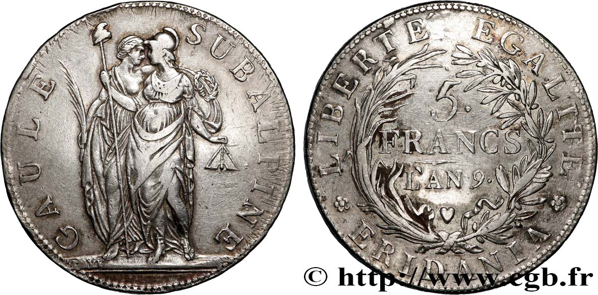 ITALY - SUBALPINE GAUL 5 Francs an 9 1801 Turin VF 