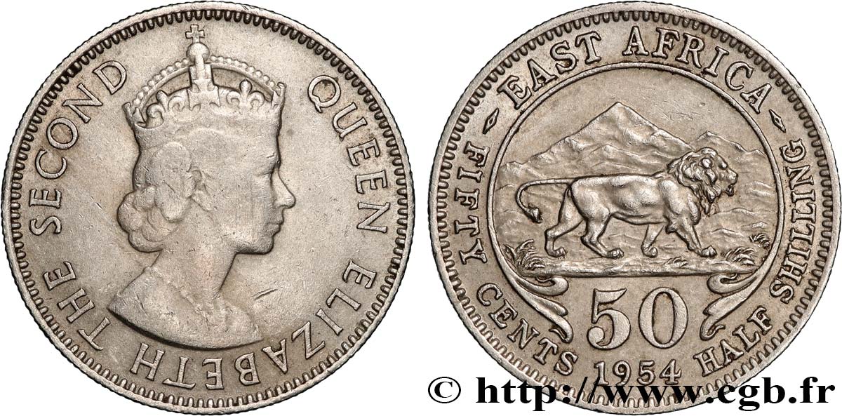 EAST AFRICA 50 Cents (1/2 Shilling) Elisabeth II / lion 1954 Londres XF 