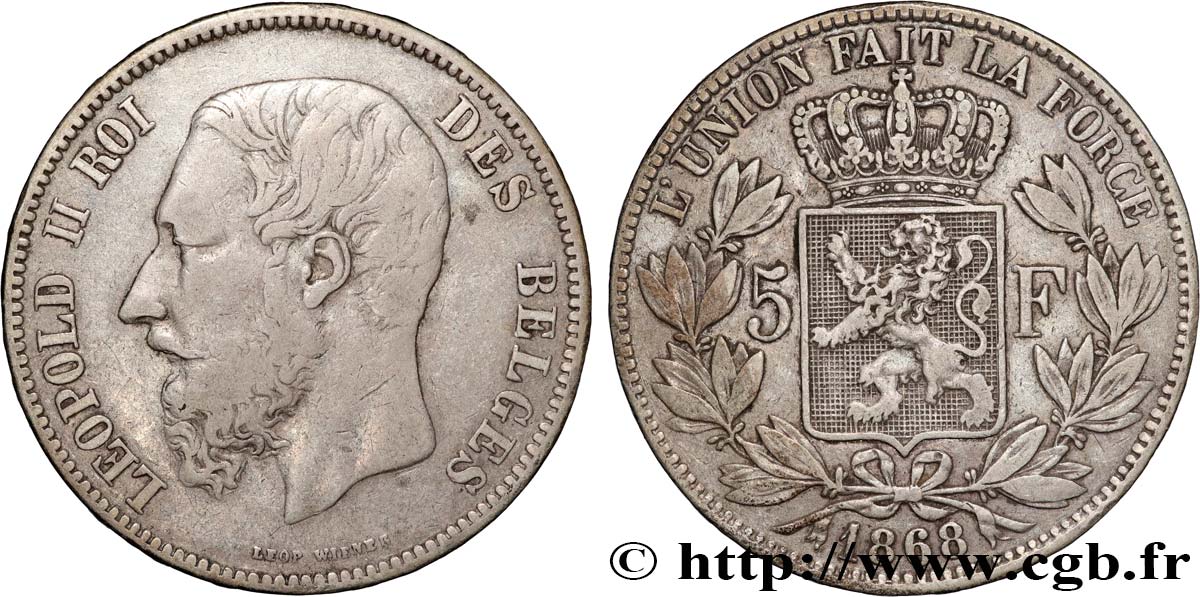 BELGIQUE 5 Francs Léopold II 1868  TB+ 