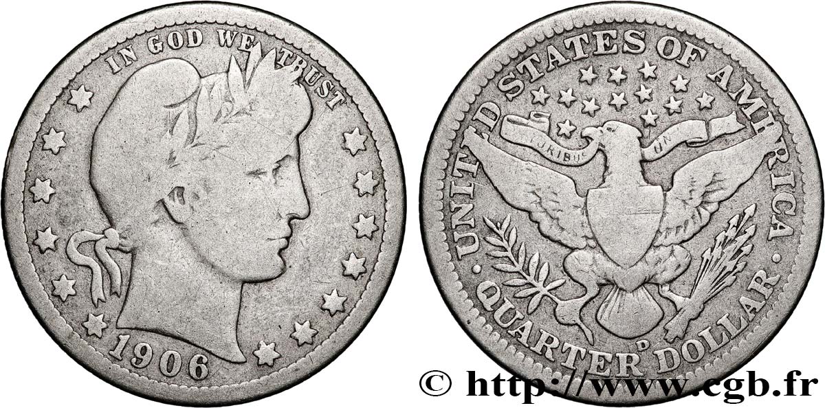 ÉTATS-UNIS D&nbsp;AMÉRIQUE 1/4 Dollar Liberty Barber 1906 Denver TB 