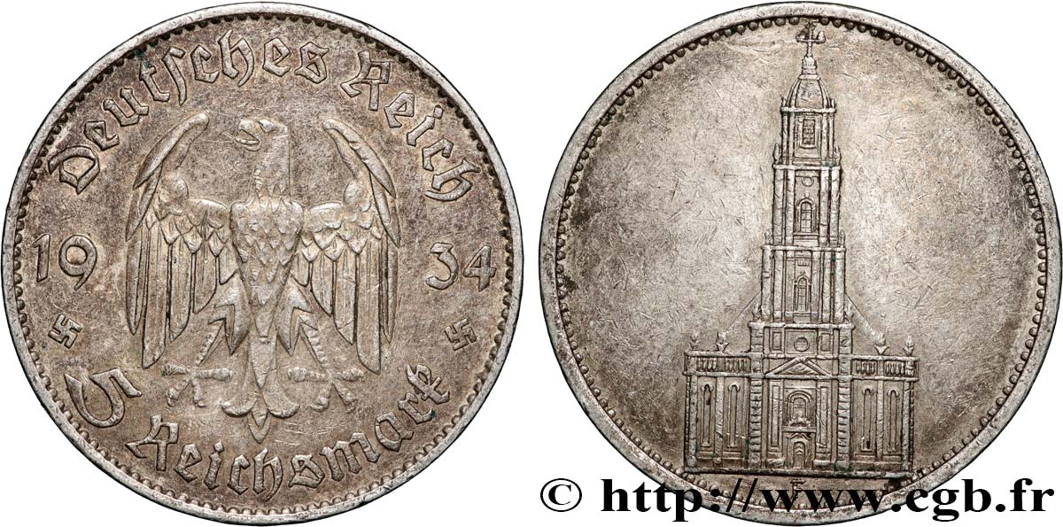 GERMANY 5 Reichsmark église de la garnison de Potsdam 1934 Stuttgart XF 