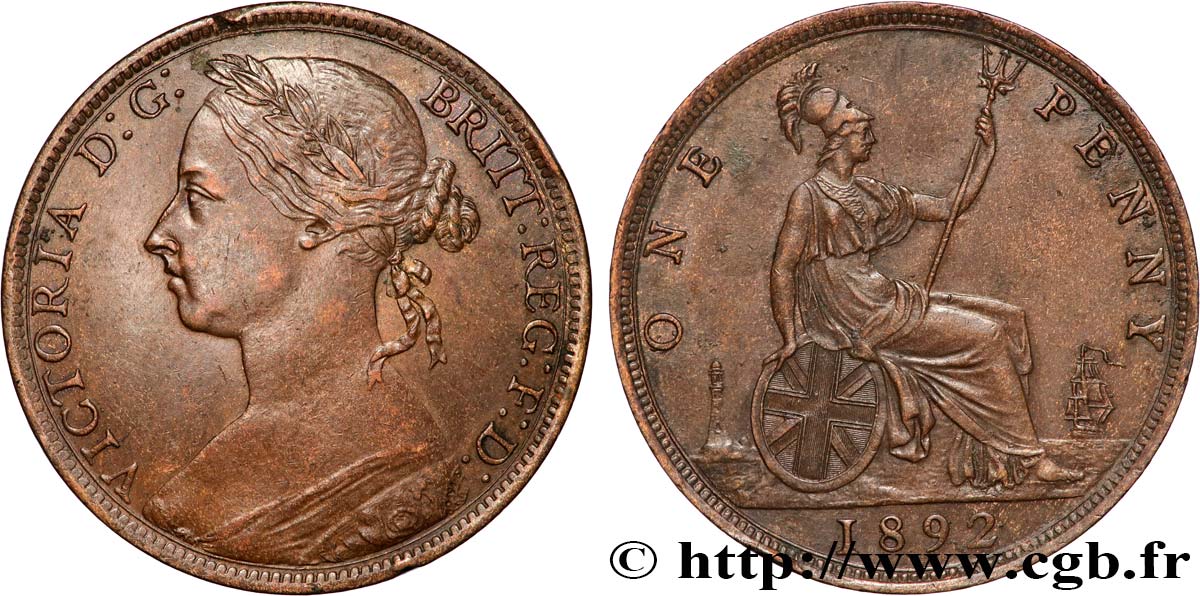 ROYAUME-UNI 1 Penny Victoria “Bun Head” 1892  TTB 