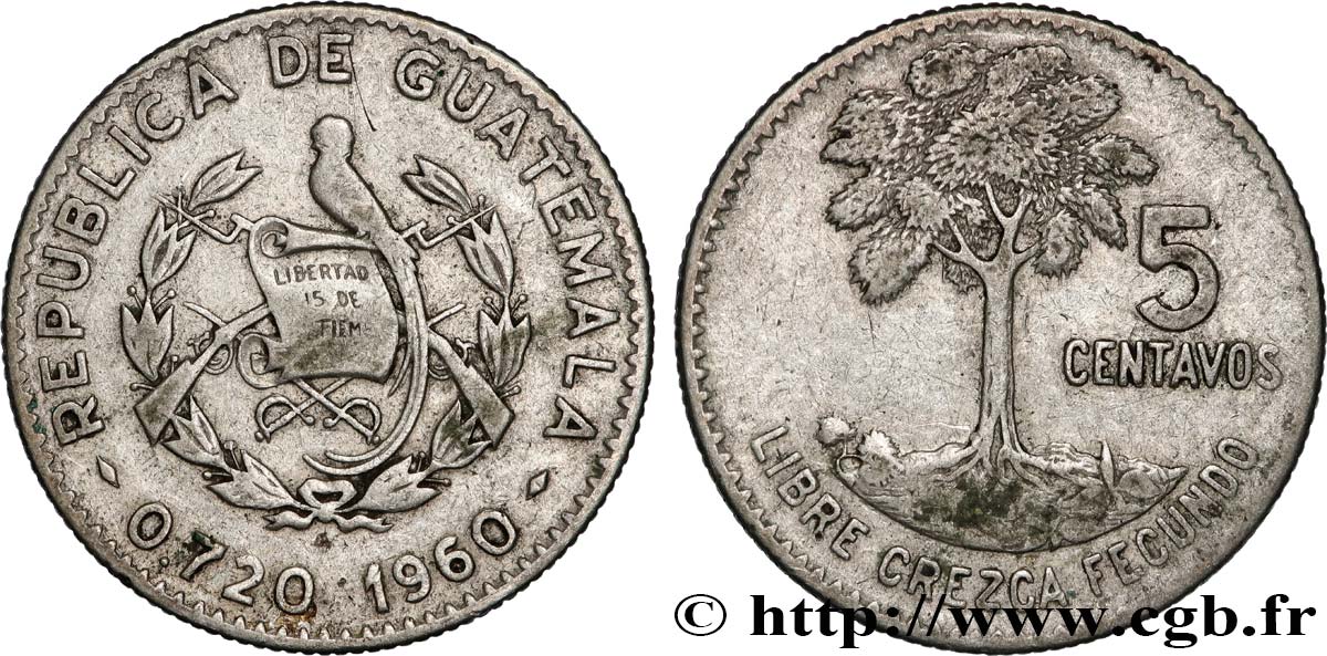 GUATEMALA 5 Centavos emblème au quetzal 1960  BB 