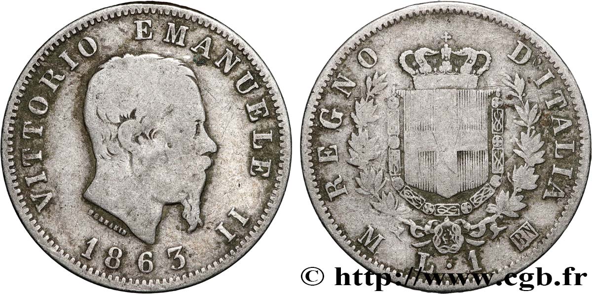 ITALIE 1 Lire Victor Emmanuel II 1863 Milan TB 