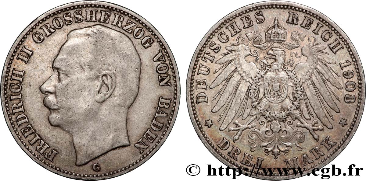 ALLEMAGNE - BADE 3 Mark Frédéric II grand-duc de Bade 1908 Karlsruhe TTB 