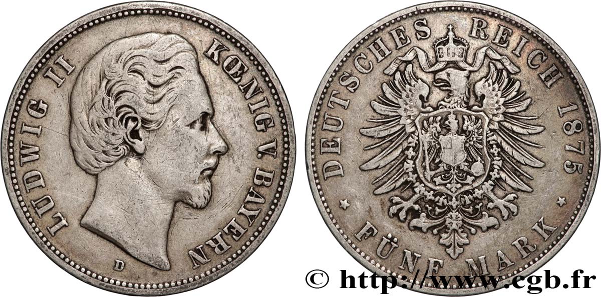 GERMANY - BAVARIA 5 Mark Louis II 1875 Munich VF 