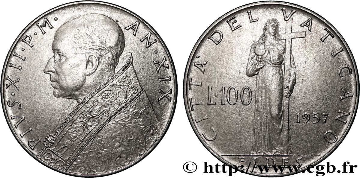 VATICAN ET ÉTATS PONTIFICAUX 100 Lire Pie XII an XIX / Fides tenant la croix 1957 Rome TTB+ 