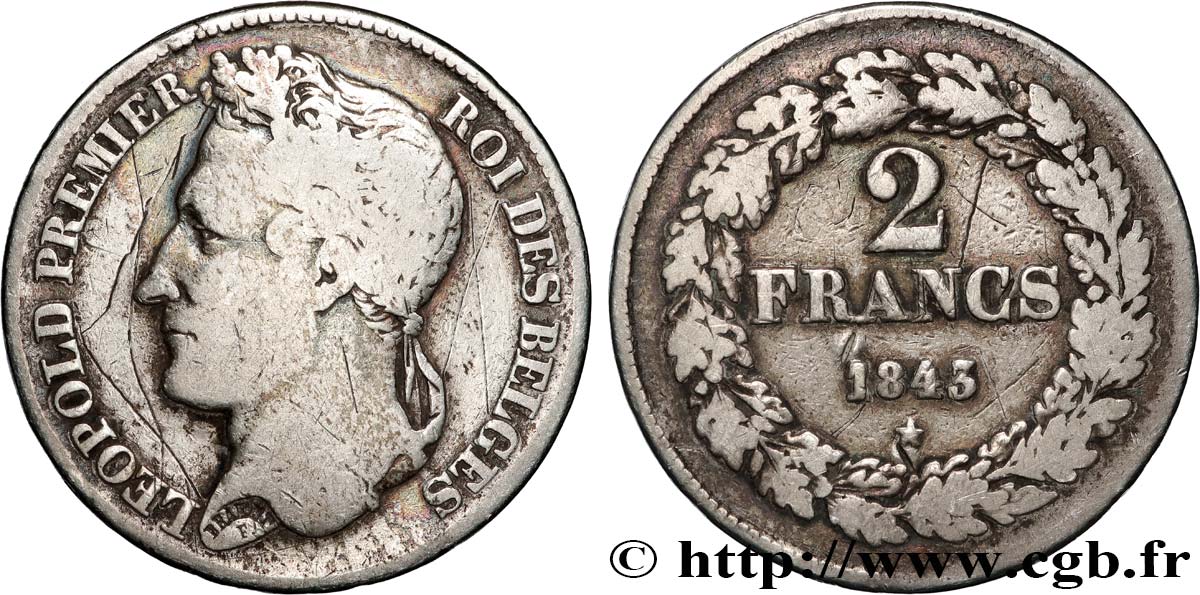 BELGIUM - KINGDOM OF BELGIUM - LEOPOLD I 2 Francs tête laurée 1843  VF 