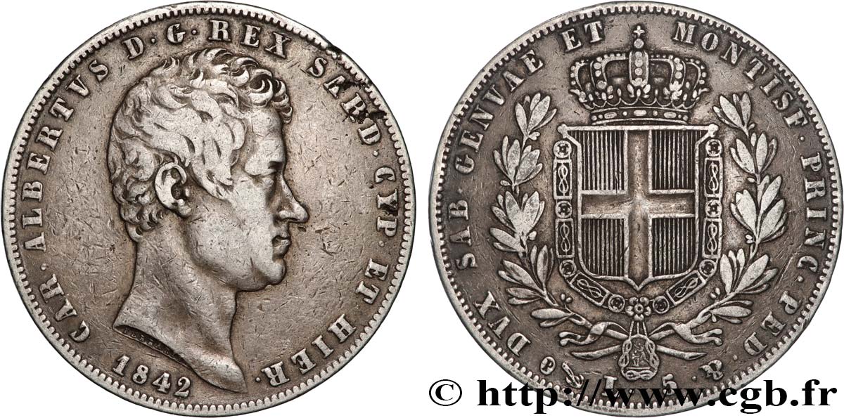 ITALY - KINGDOM OF SARDINIA 5 Lire Charles Albert 1842 Gênes VF 