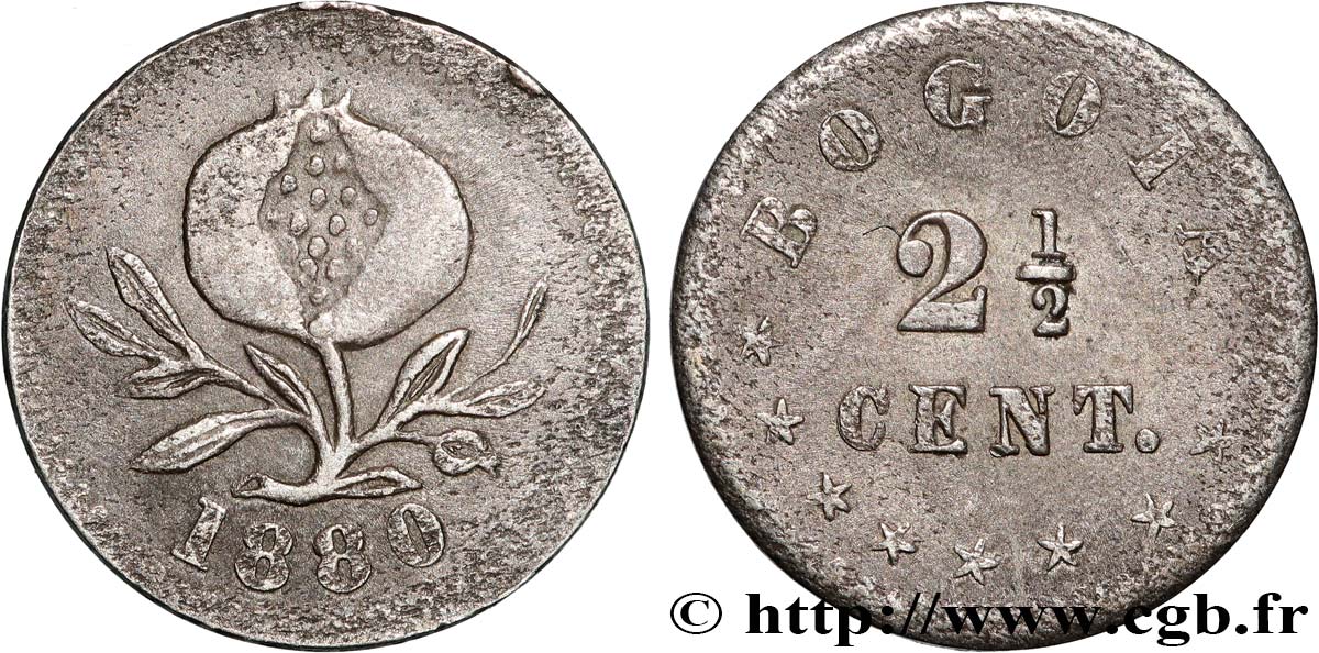 COLOMBIA 2 1/2 Centavos 1880 Bogota MBC 